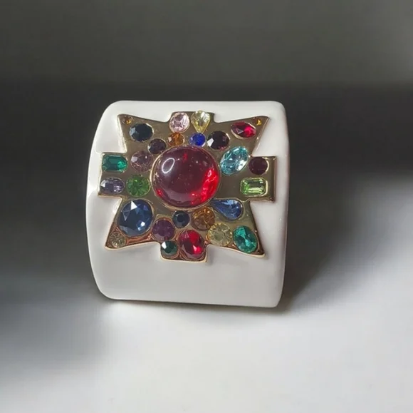 Luxury 18k Gold Plated Maltese Cross Jeweled Enamel Cuff Bracelet - Picture 2 of 5
